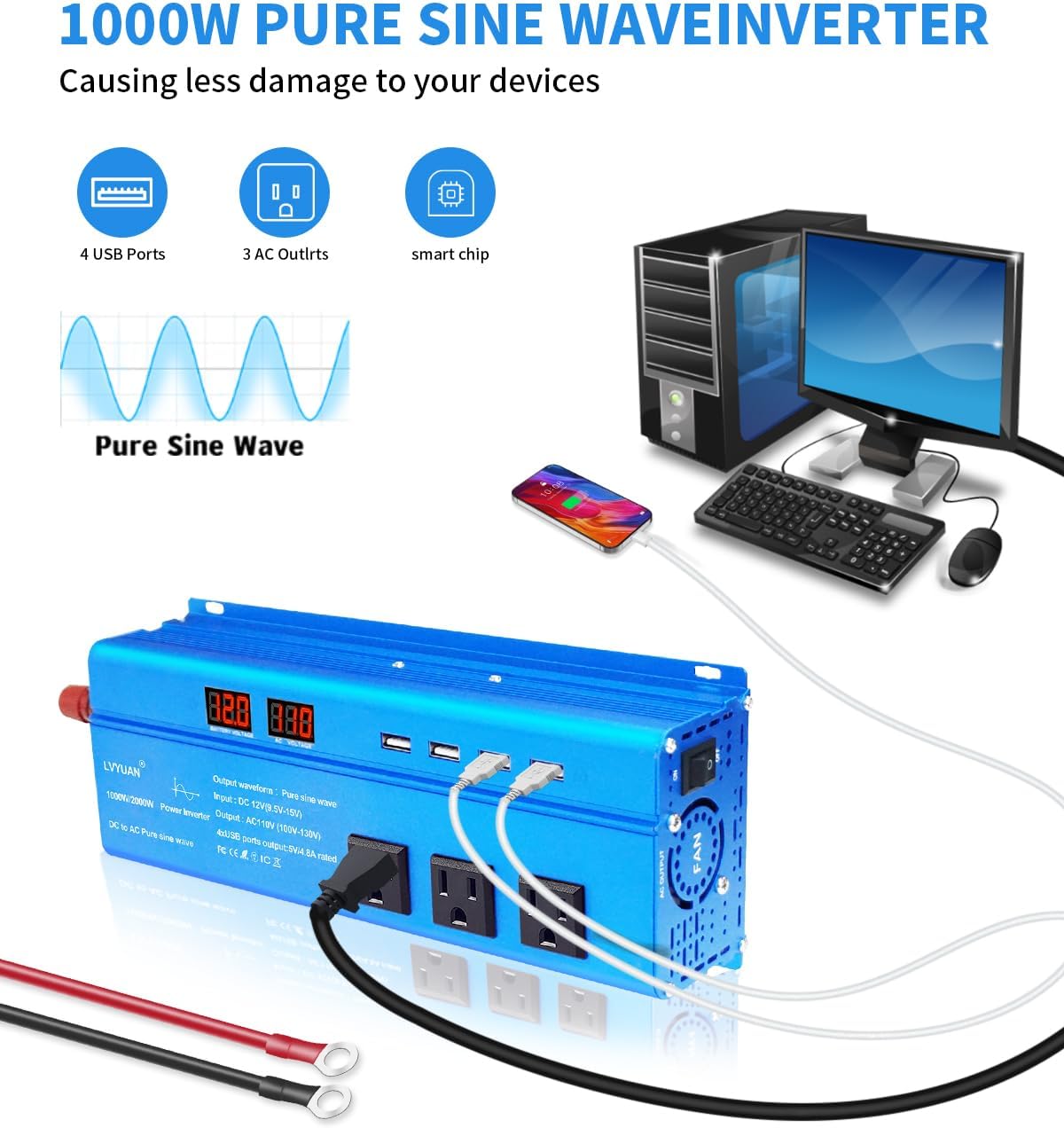 LVYUAN 1000 Watt Pure Sine Wave Inverter 12V to 110V 120V DC to AC with LED Display, 3 U.S. Outlet, USB Charger Ports, Car Power Inverter for Vehicles, RV, Outdoor, Home