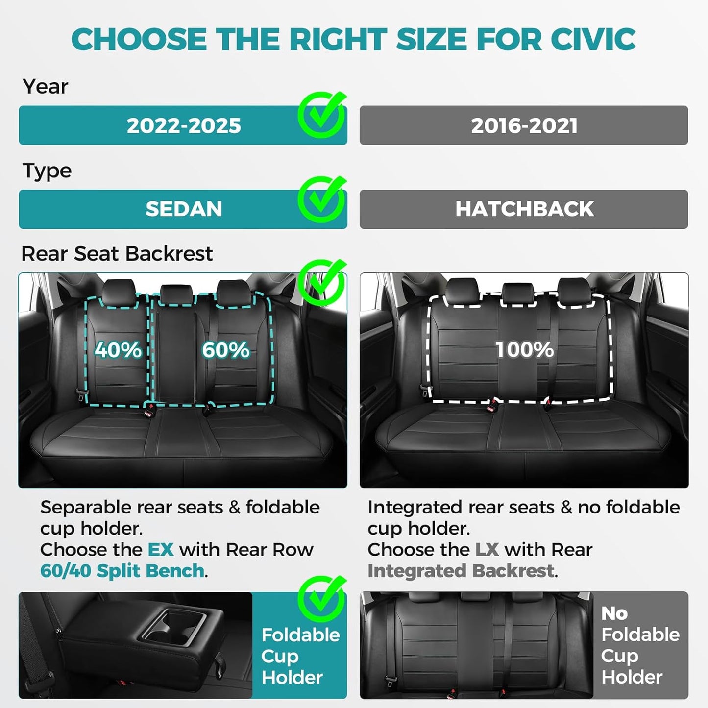 Seat Covers for Honda Civic Sedan 4DR Sedan EX 2022 2023 2024 2025.Faux Leather Car Seats Cover Full Set (Rear Row 40/60 Split & Folding Backrest)-Black