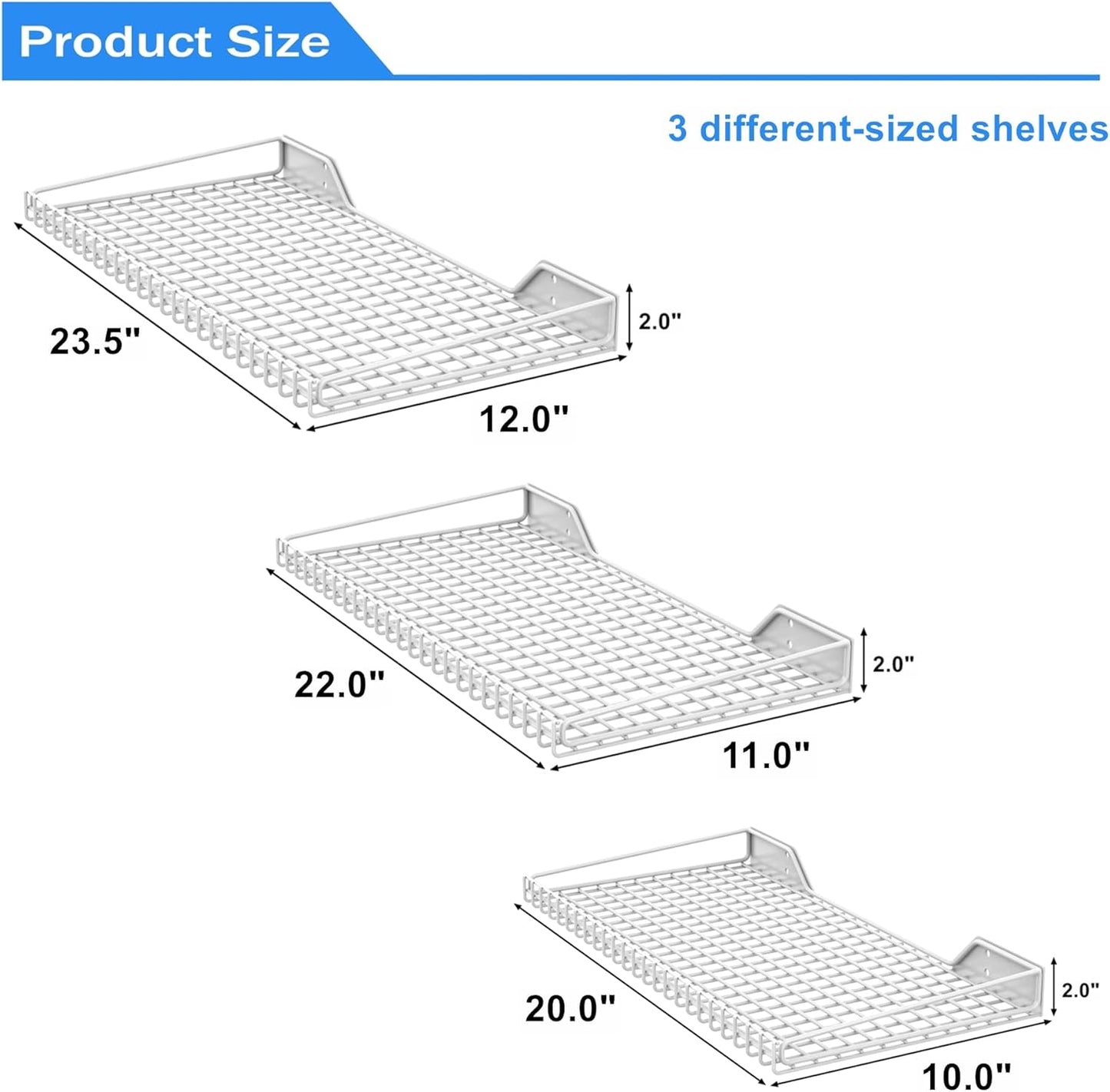 TORACK Wall-Mounted Storage Shelves, Mixed-Size Garage Wall Shelving for Closet & Laundry Room, Heavy-Duty Floating Shelf Holds Up to 65 lbs(White)