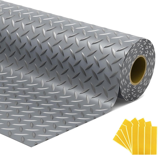7.5x18 FT Garage Floor Mat, Flooring Roll with 20Pcs Tapes, 135 sqft Diamond Plate PVC Rubber Trailer Mat, Non-Slip Floor Mat for Garage, Warehouse, Gyms, Trailer, Pickup Truck (Grey)