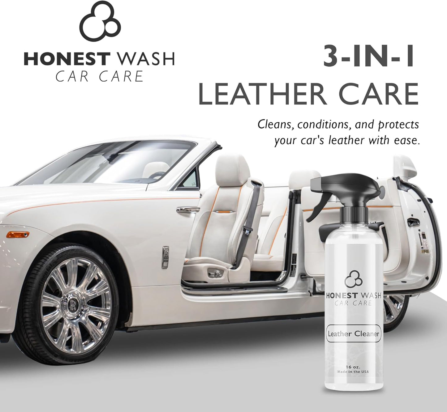 Honest Wash Car Leather Cleaner – Cleans, Conditions, & Restores Leather | Replenishes Natural Oils and Prevents Cracking | Non-Greasy Formula for Seats, Panels, & More | Made in The USA (16 Fl Oz)