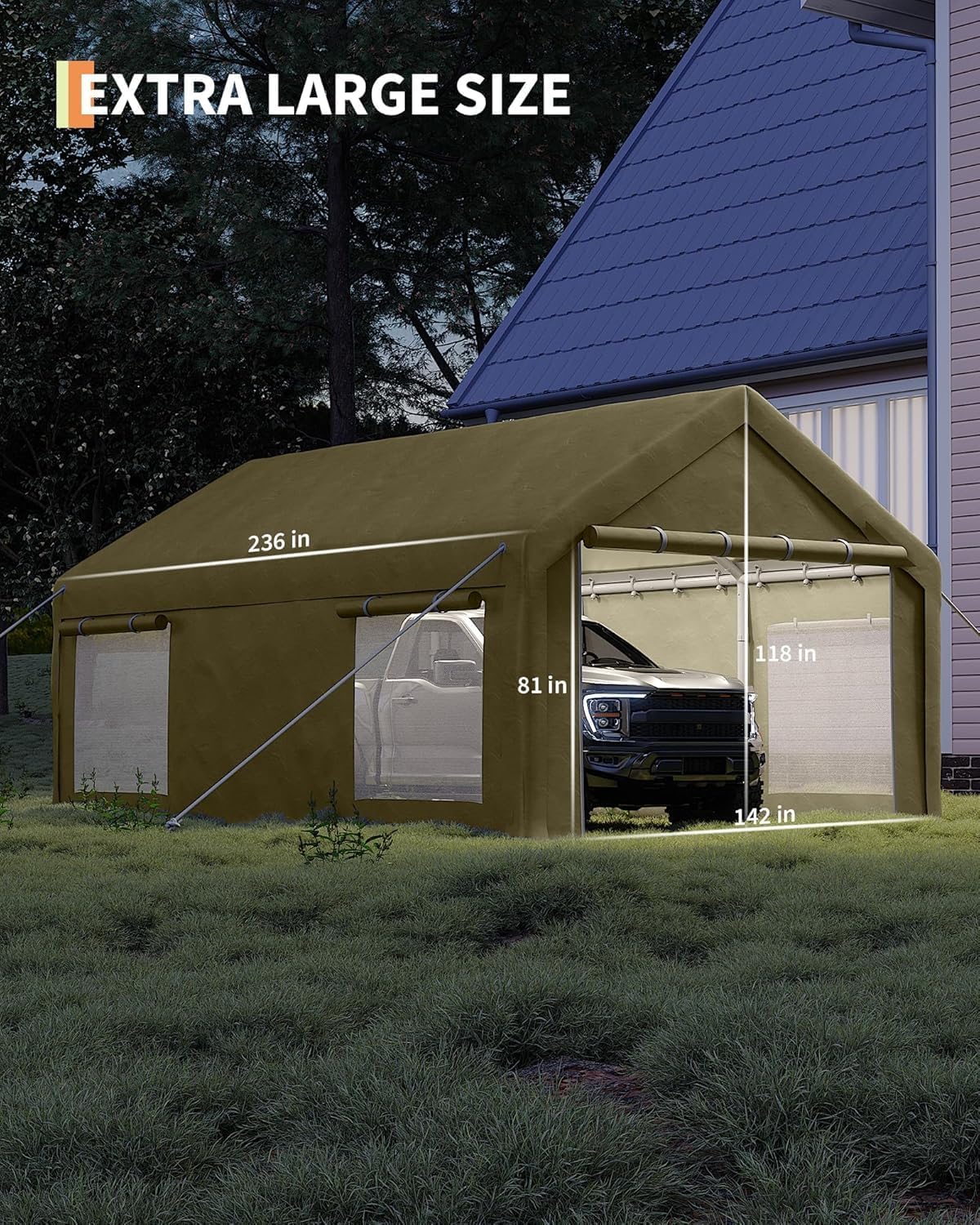 12 x 20FT Heavy Duty Carport with Roll-Up Windows, Portable Garage with Removable Sidewalls & Doors, Portable Car Tent Garage with Roll-Up Windows and All-Season Tarp, for Car, Truck,
