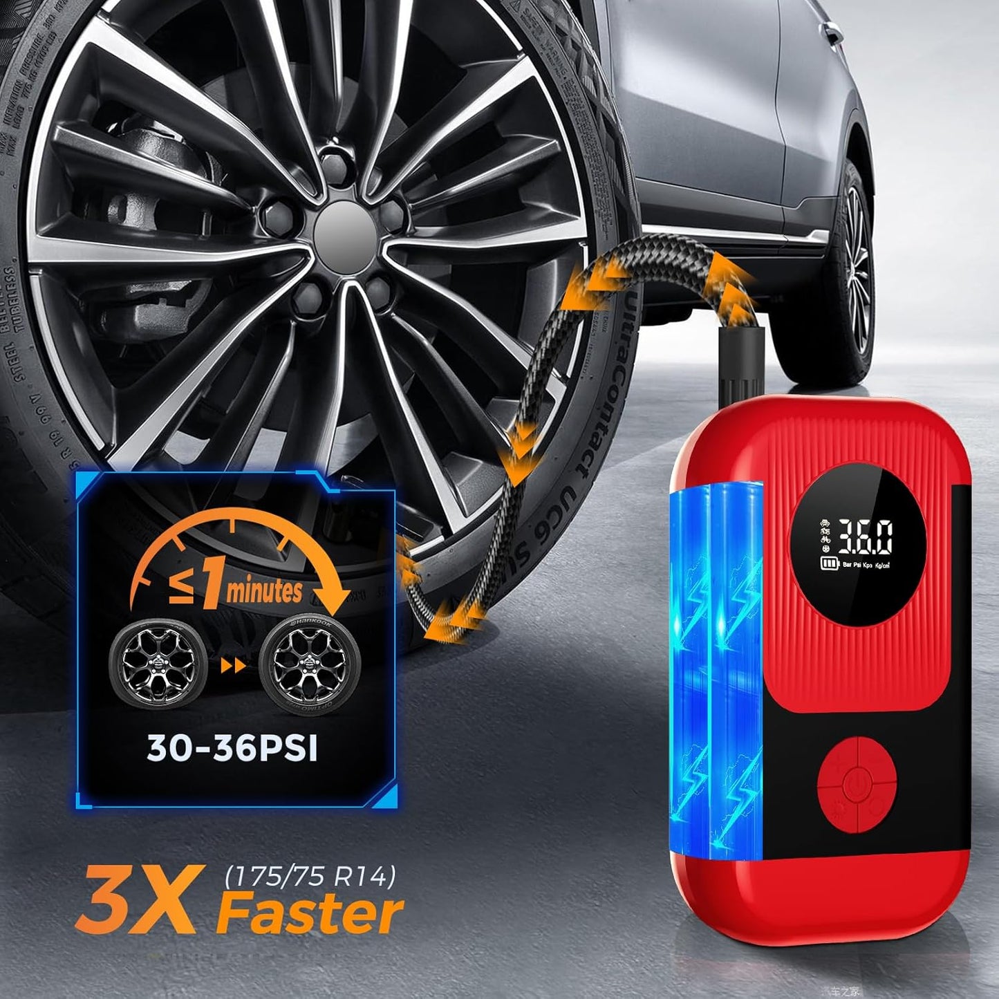 Tire Inflator Portable Air Compressor with battery jumper starter, 28000mAh Battery 3X Faster Cordless Tire Inflator with Tire Pressure Gauge,150PSI Electric Air Pump for Car Tires,Motorcycle,Bike