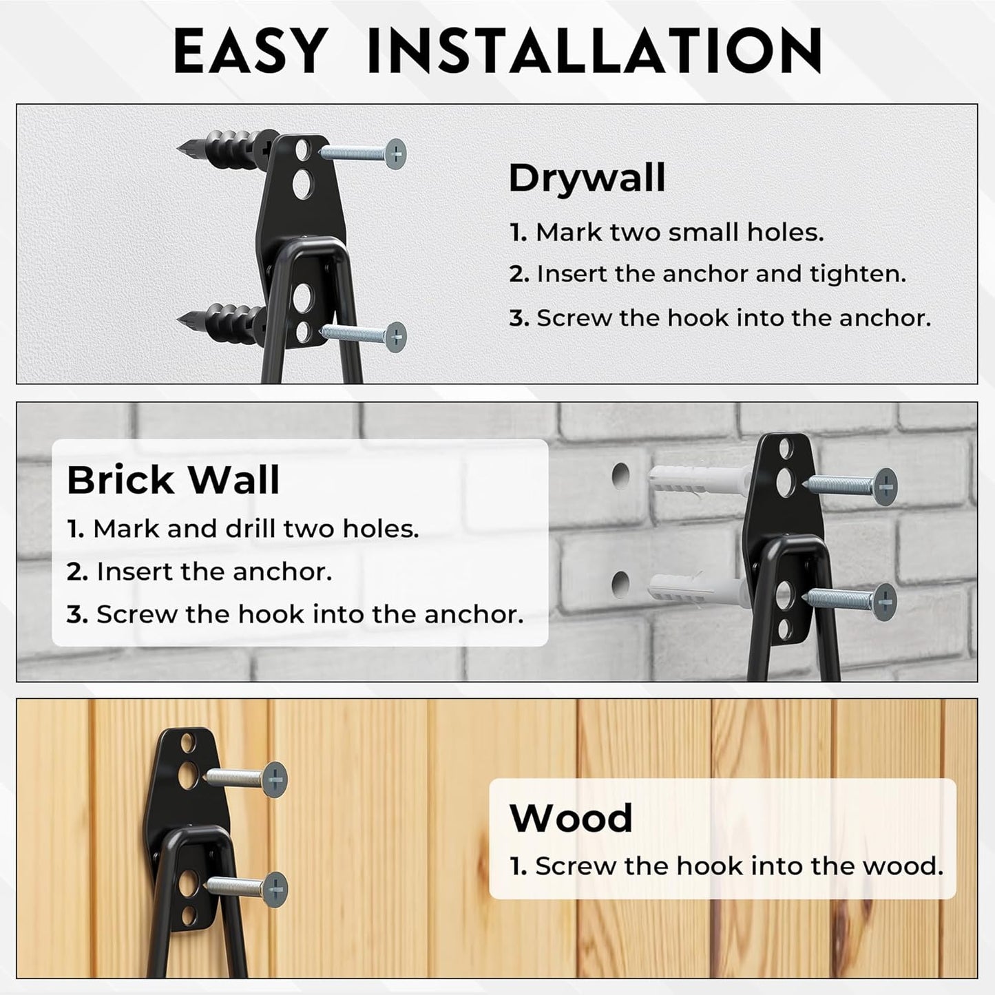 BONTEC Heavy Duty Garage Hooks, Anti-Slip Coated Black Steel with Strong Load Capacity, Multi-Sized U and J Hooks, Easy Wall Mount for Garage, Garden, Workshop (Black, 16 Pack)