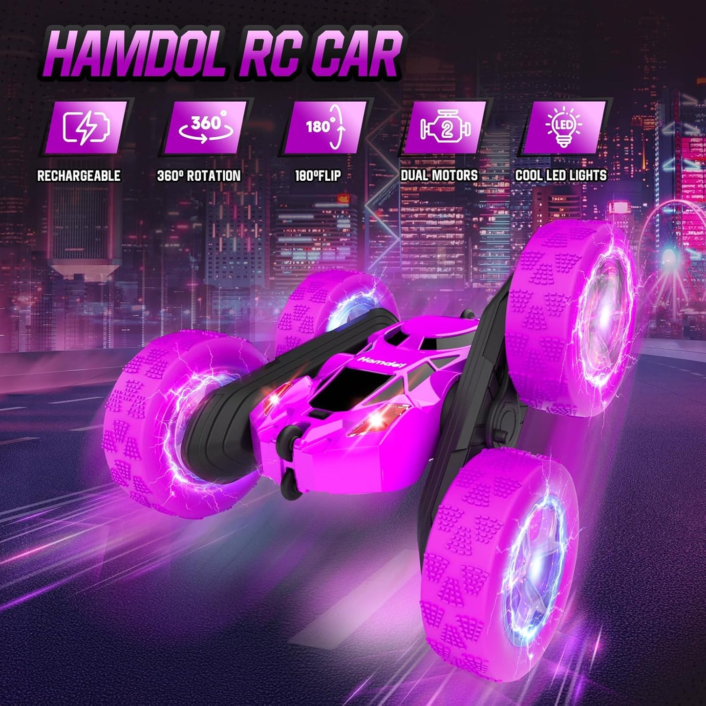 Remote Control Car for Kids Stunt RC Cars with Cool Wheel Lights Double-Sided Driving 360-degree Rotation Boys Toys for Ages 6 7 8 9 10-12 Kids Gift Ideal(Purple)