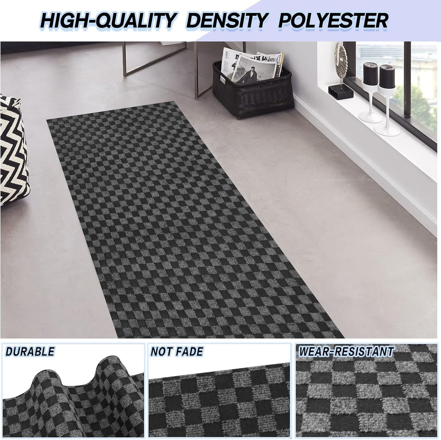 Custom Size Backed Non-Slip Area Rugs Runner, Easy Clean, Waterproof Runner Rugs for Hallway Entryway, Kitchen, Laundry, 2FT x 48FT, Gray Checkered