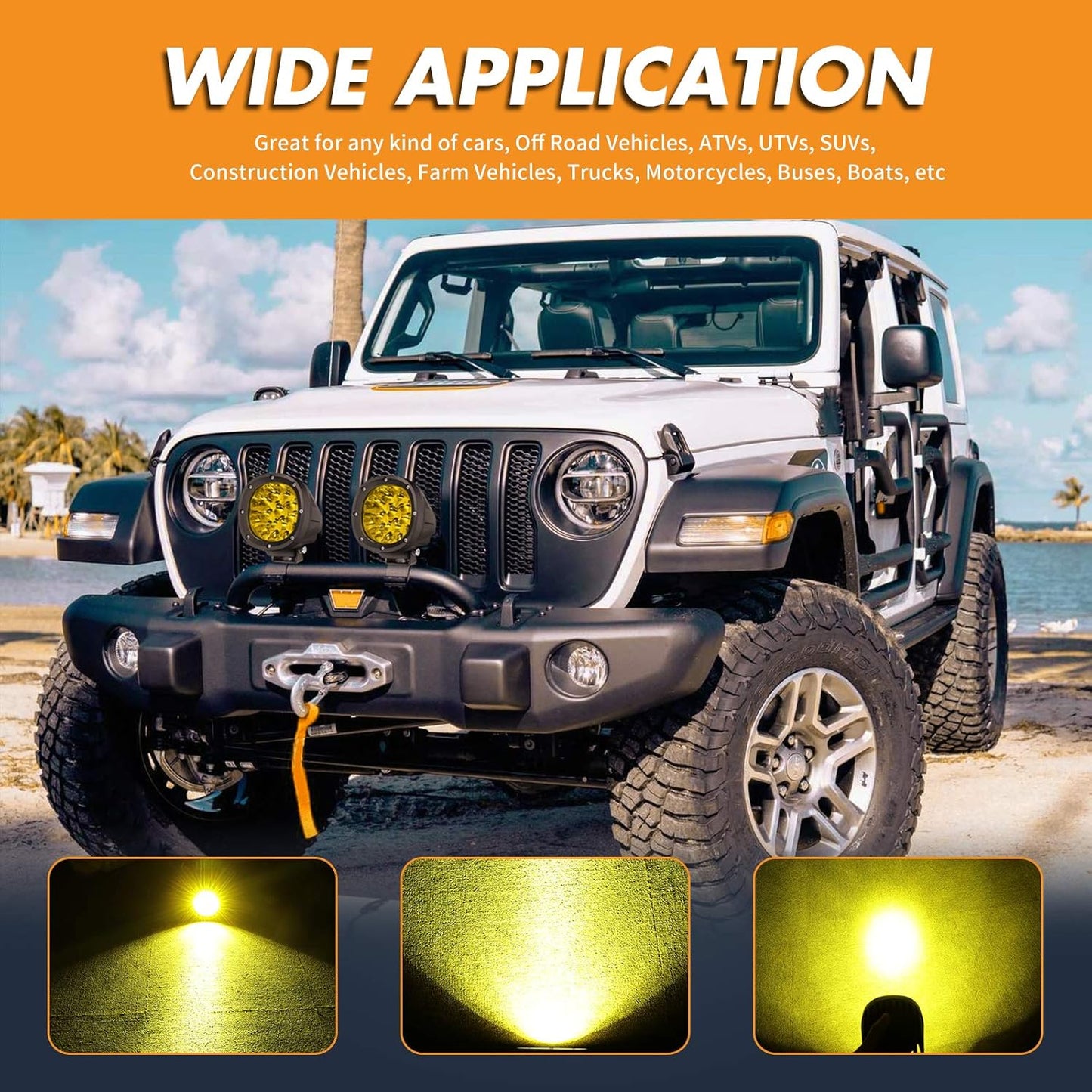 YCHOW-TECH 2PCS 4 Inch LED Amber Fog Lights 90W Yellow Round Offroad Light Bar Flood Beam Off Road LED Pods Bumper Ditch Lights Driving Work Light for Truck Boat Pickup ATV UTV SUV