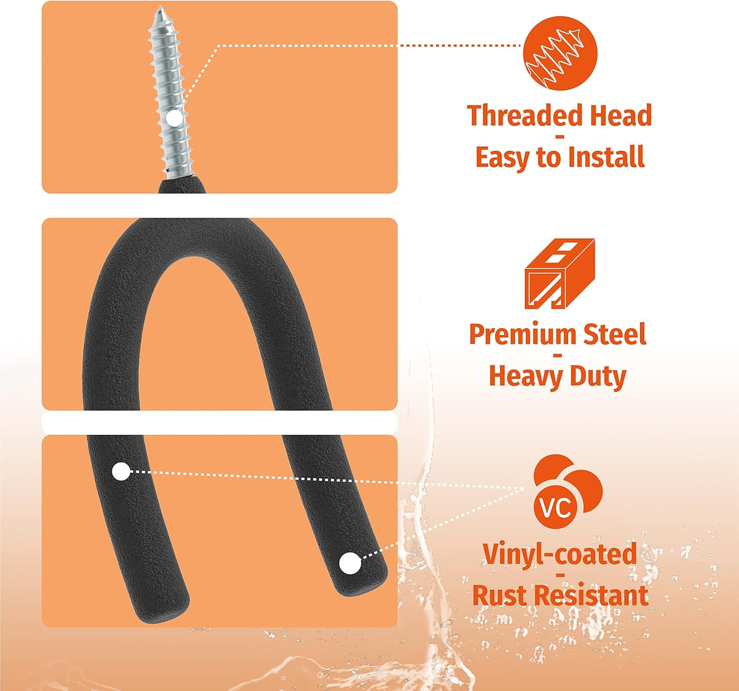 HUHOLE Screw in U Hook, Black, 16PC, Shovel Holder Wall Mount, U Hooks for Hanging Garden Tools