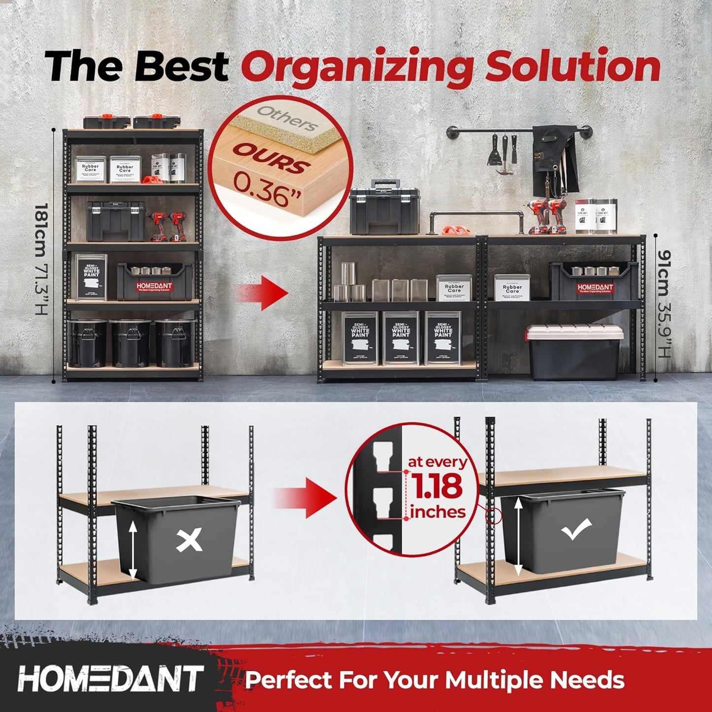 HOMEDANT 5-Tier Laminated Boltless Heavy Duty Metal Shelving Unit Adjustable Garage Storage Utility Rack Shelves Organization Multipurpose Shelf Warehouse Industrial 39.8" W x 18.2" D x 71.3" H 2Pack