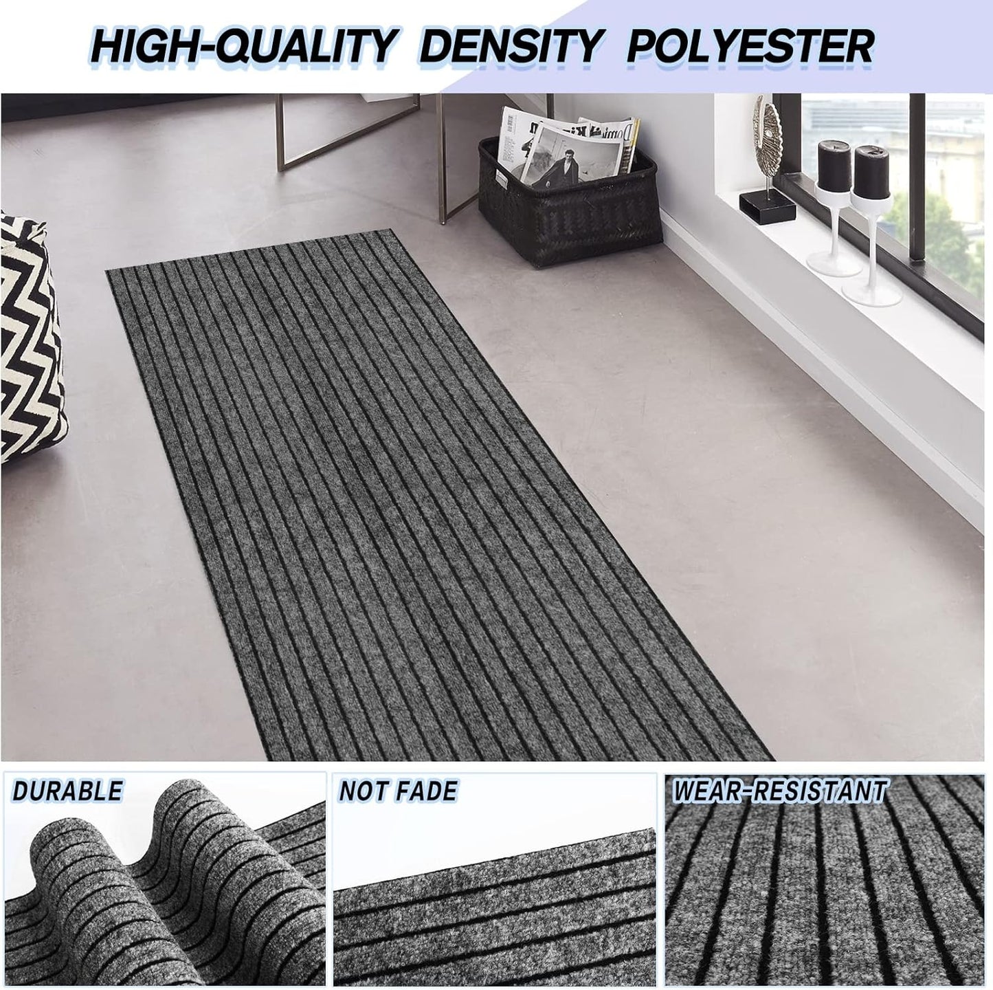 Custom Size Backed Non-Slip Area Rugs Runner, Easy Clean, Waterproof Runner Rugs for Hallway Entryway, Kitchen, Laundry, 2FT x 52FT, Gray Stripe