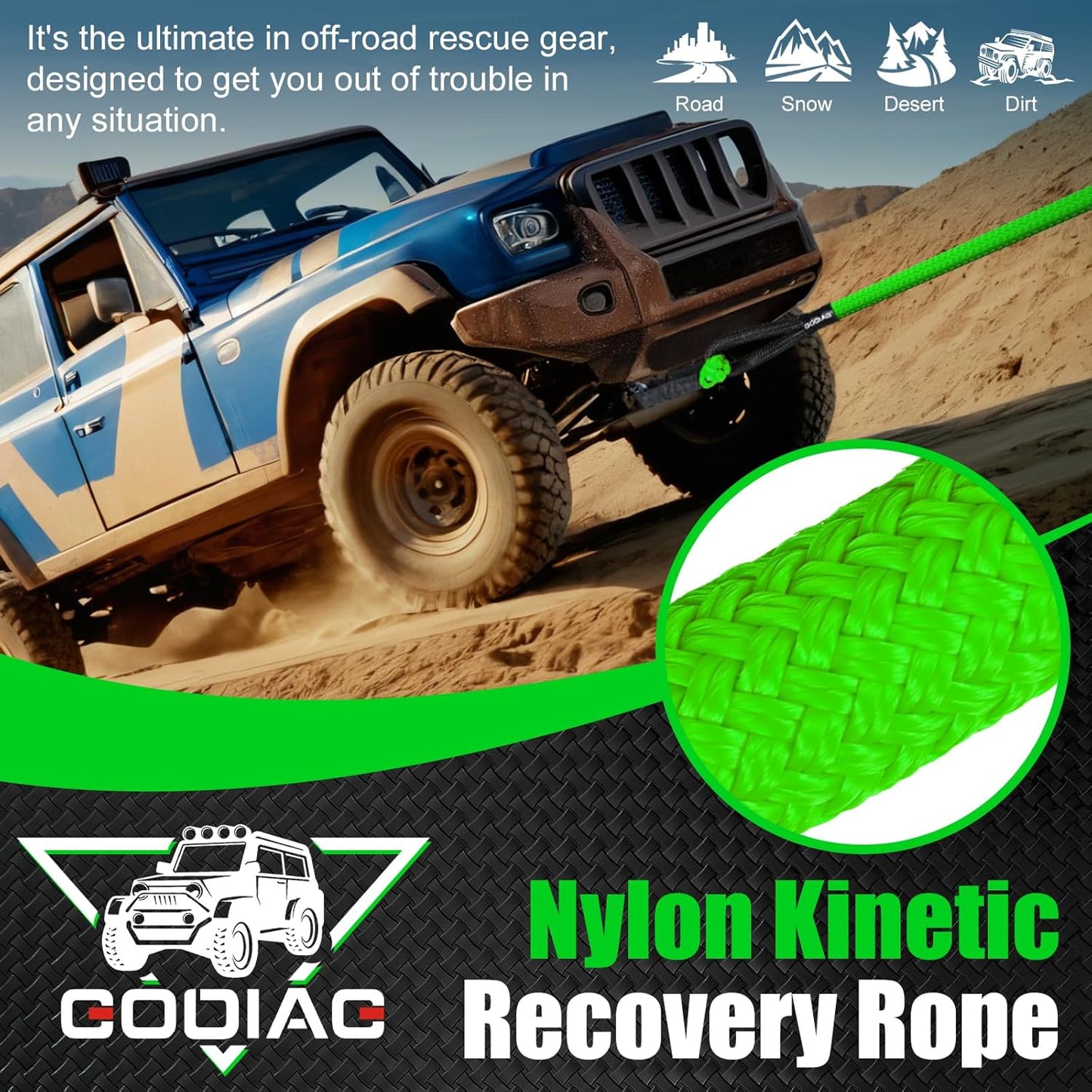 GODIAG 1"×30ft Kinetic Recovery Rope Recovery Tow Strap (46500lbs) Heavy Duty Energy Rope 30% Elasticity Off-Road Power Strap for Truck Jeep Car ATV UTV Tractor