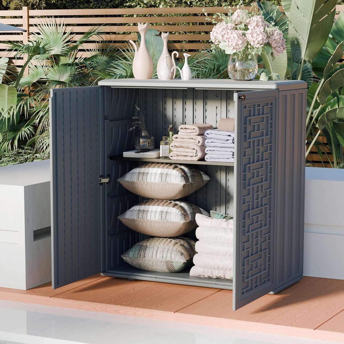 Indoor Outdoor Storage Cabinet Waterproof with Shelf,Plastic Storage Sheds Outdoor Cabinets for Patio/Garden/Backyard, Size 34.3''L*15''W*36.2''H（Gray）