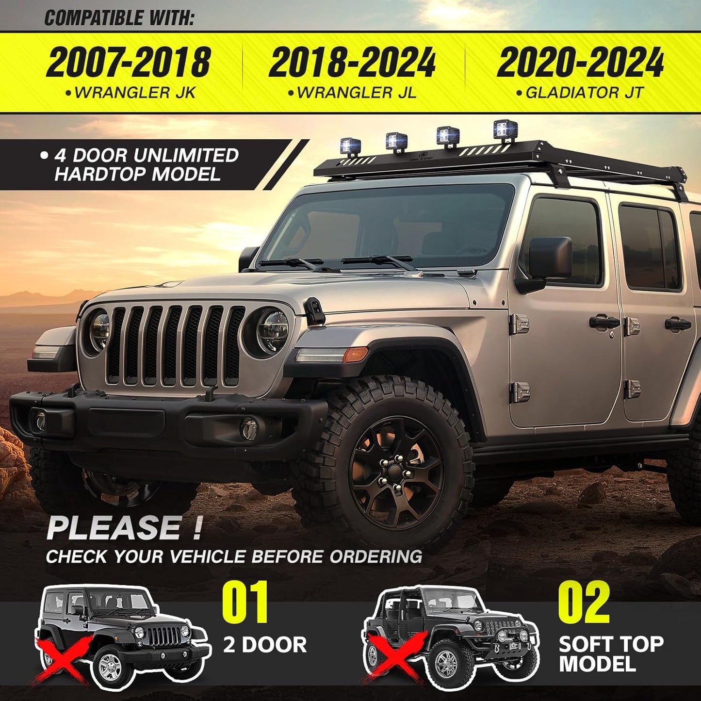 Roof Rack Cargo Basket with 4 PCS LED Light Bar Compatible with 2007-2024 Jeep Wrangler JK JL Unlimited & Gladiator JT 4 Doors Hardtop Model, JKU JLU Luggage Storage Carrier Rooftop Racks