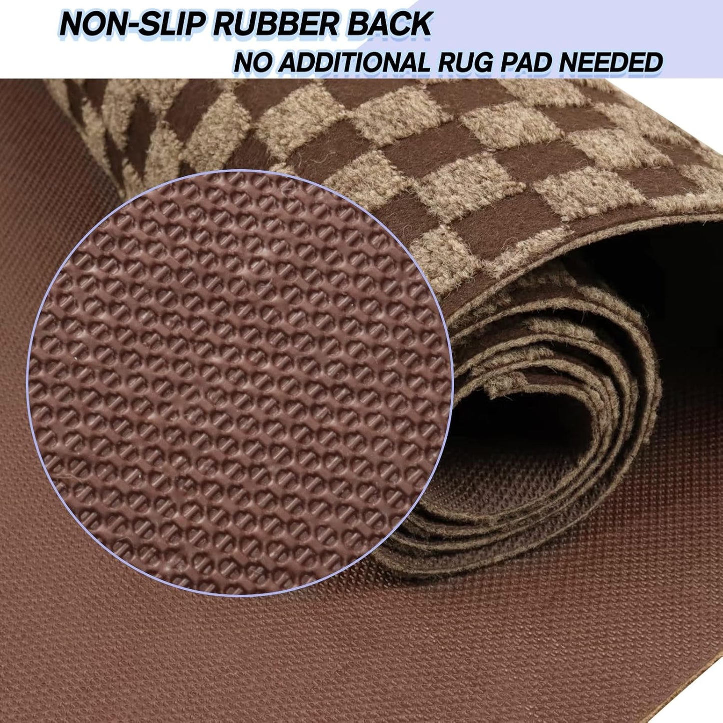 Custom Size Backed Non-Slip Area Rugs Runner, Easy Clean, Waterproof Runner Rugs for Hallway Entryway, Kitchen, Laundry, 3FT x 35FT, Brown Checkered