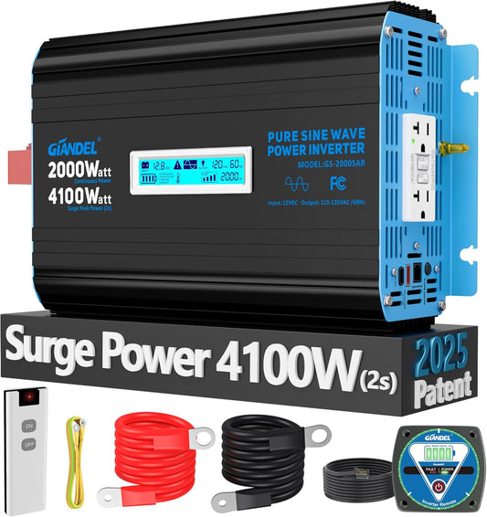 GIANDEL 2000 Watt Pure Sine Wave Power Inverter 12V DC to 120V AC,4100W Surge Peak Power,UL Listed GFCI Outlets,FCC Approved,USB-C36W,Remote with Battery Monitor for RVs,Campers,Off Grid Solar Setup