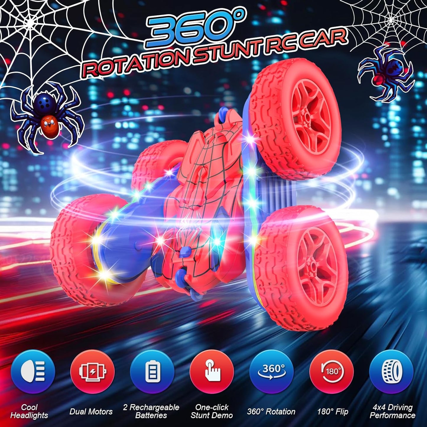 Remote Control Car Spider Rc Cars New Upgraded Strip Lights and Headlights Car Toys Double-Sided 360° Rotating Rc Truck for Boys Girls Birthday Gift (Red)