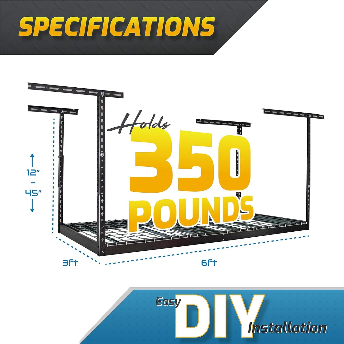 MonsterRax Overhead Garage Storage Rack - Heavy Duty 400 lb Capacity, Adjustable Shelving, Ceiling Mount 3x6 Hammertone (18"-33")