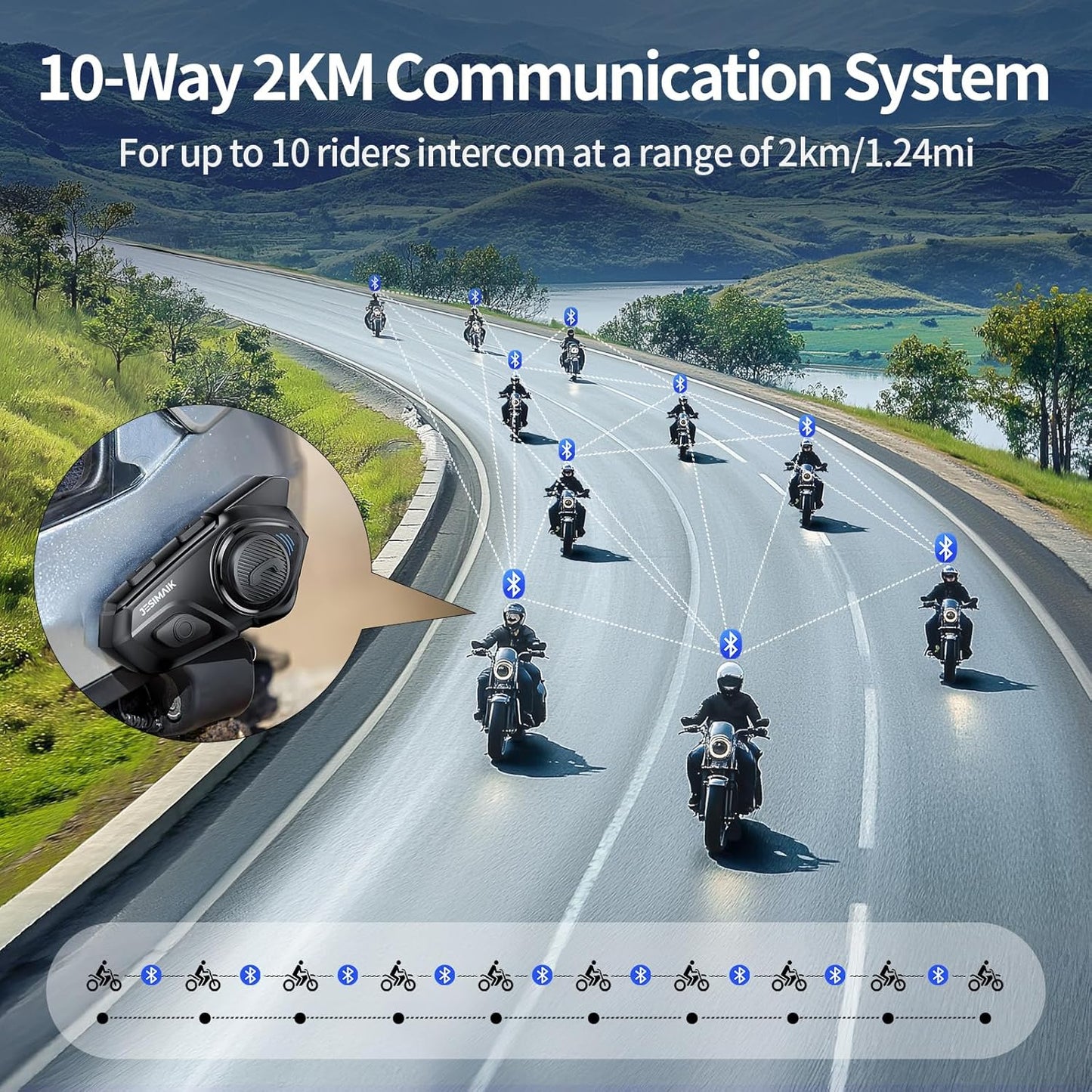 Motorcycle Helmet Bluetooth Headset, 10 Riders 2000M Communication Systems, Multitasking Audio Helmet Radio with Premium Microphone&40mm Hands-Free Speaker, Stereo Sound Motorcycle Intercom