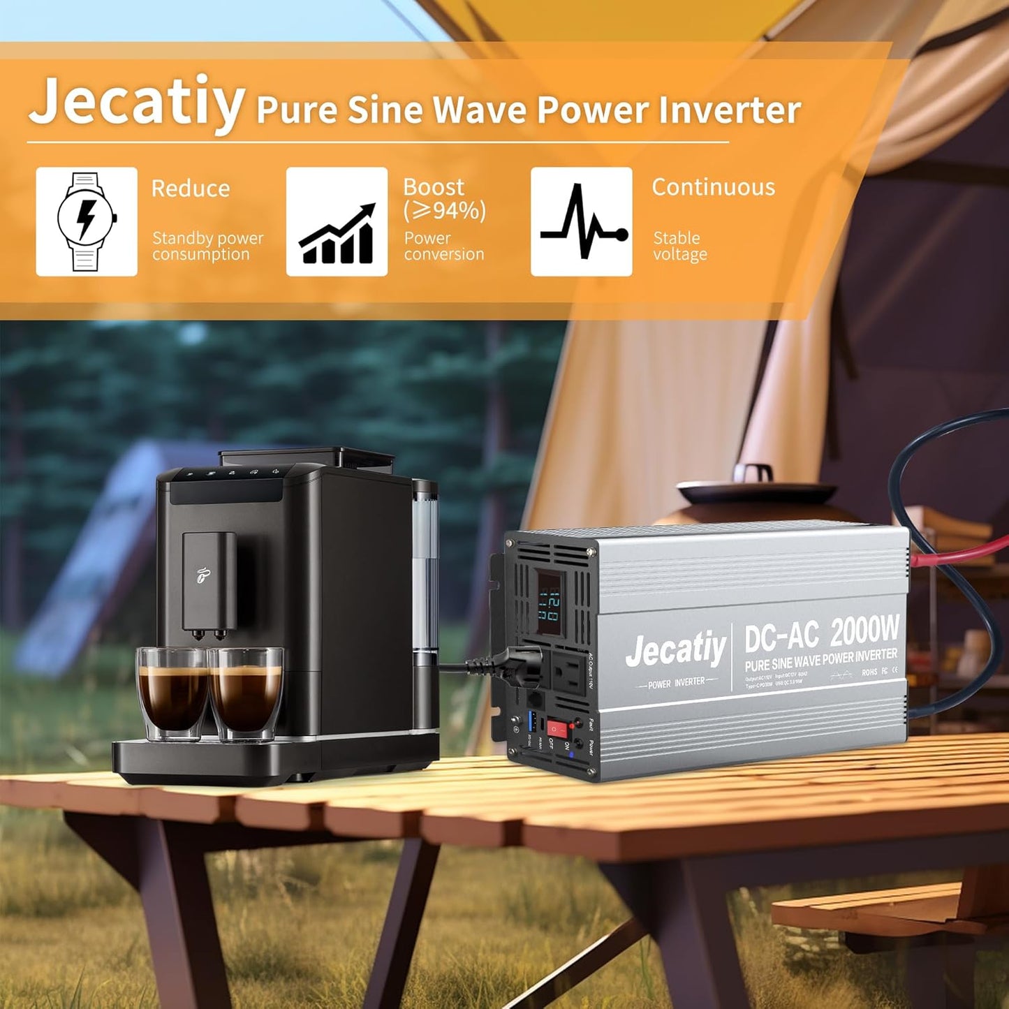 2000 Watt Pure Sine Wave Power Inverter DC 12V to 110V/120V AC Converter with 2 AC,18W USB, and 30W Type-C Charging Ports, Car Solar Power Inverters with LCD Display for Home RV Truck