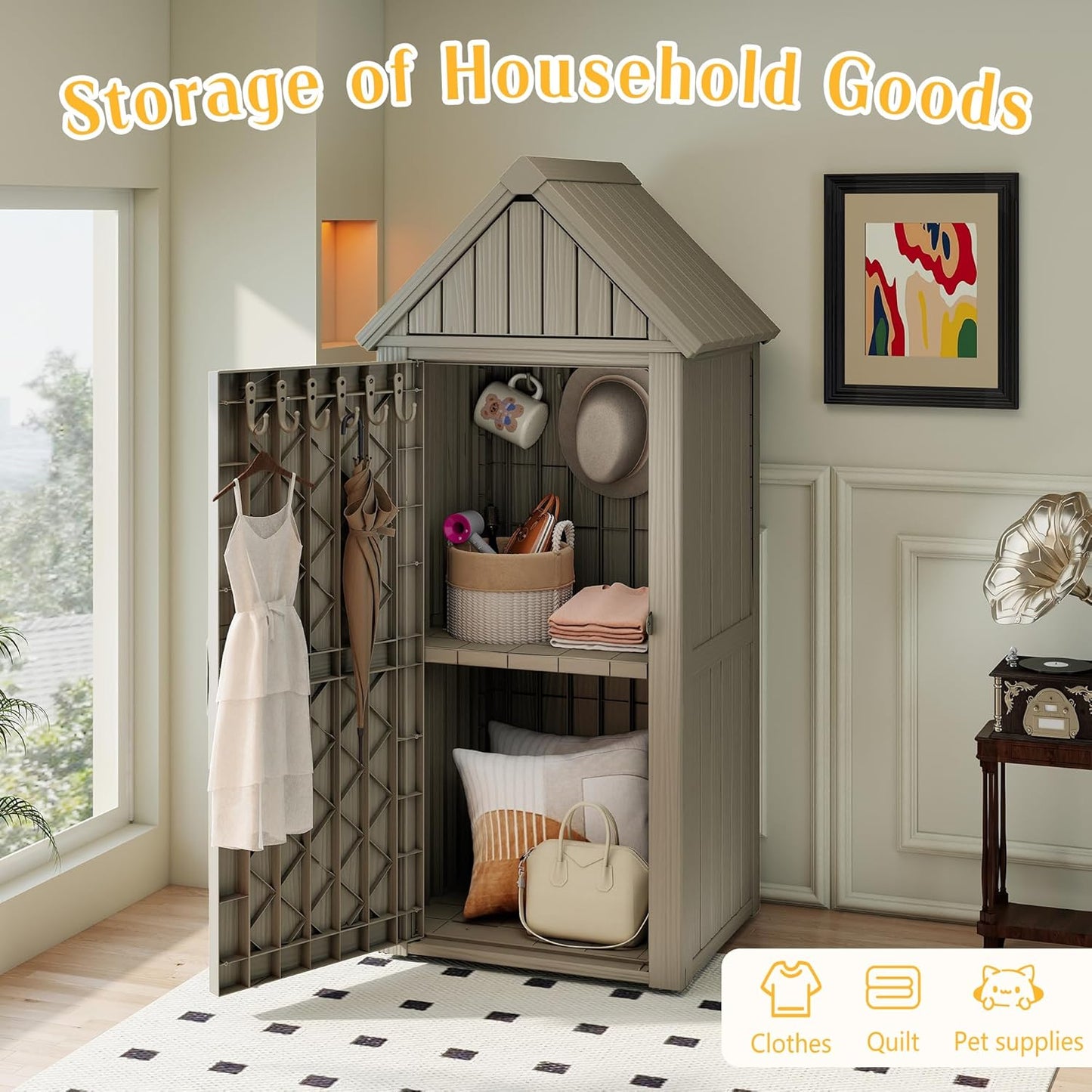 Storage Shed Outdoor Lockable,Waterproof Resin Garden Tool Shed, Heavy-Duty Weather-Resistant Cabinet for Patio, Backyard, or Garage (Grey)