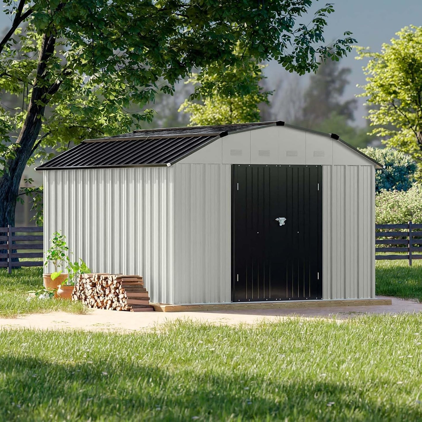 Patiowell 10 X 12 FT Barn Style Metal Storage Shed for Outdoor, Steel Yard Shed with Design of Lockable Doors, Utility and Tool Storage for Garden, Backyard, Patio, Outside Use