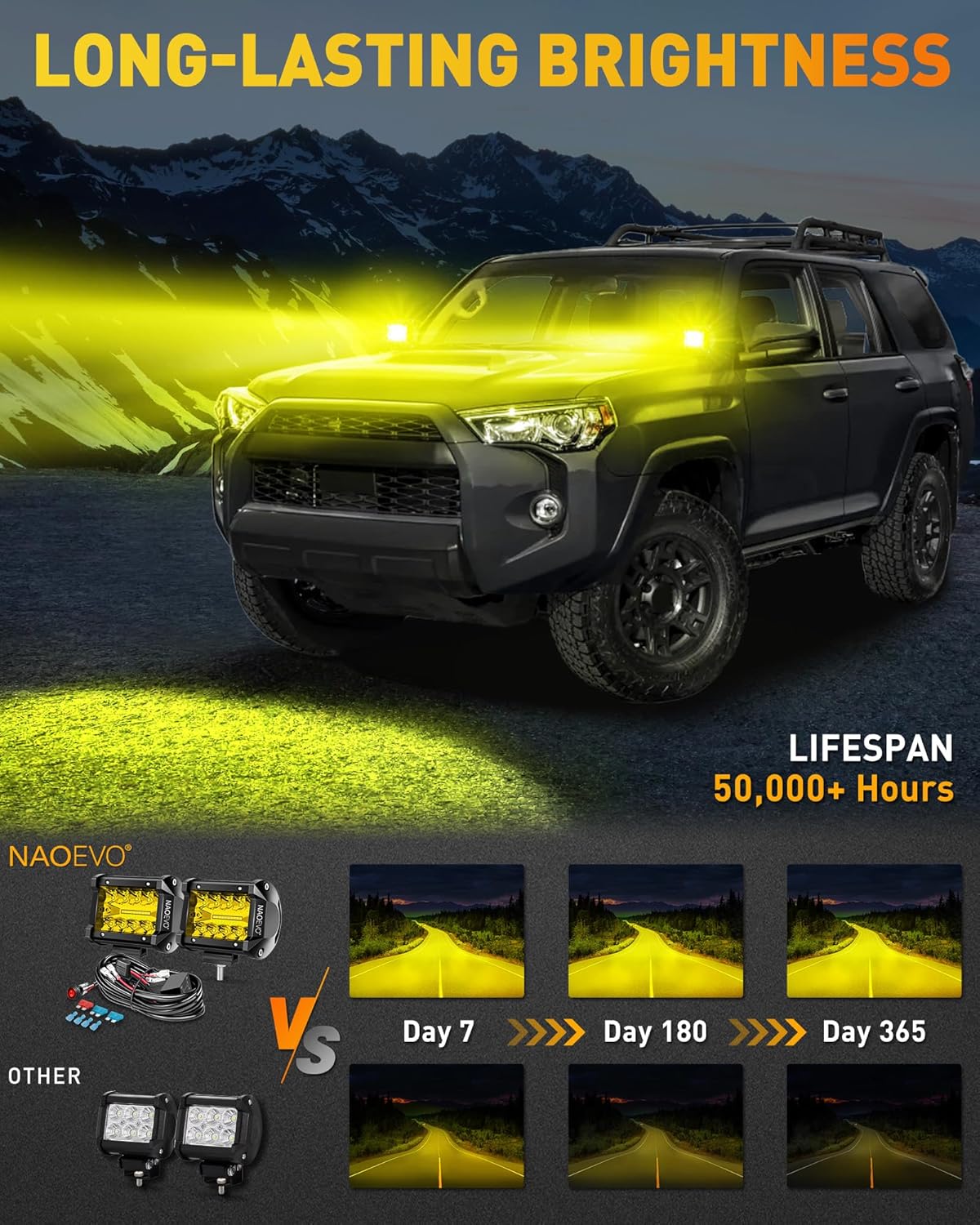 NAOEVO 4 Inch LED Pod Lights, Spot Flood Yellow LED Fog/Driving/Off Road Lights with 2 Leads Wiring Harness, Cube Pods for Truck Boat ATV UTV, 2 Pcs (Yellow)