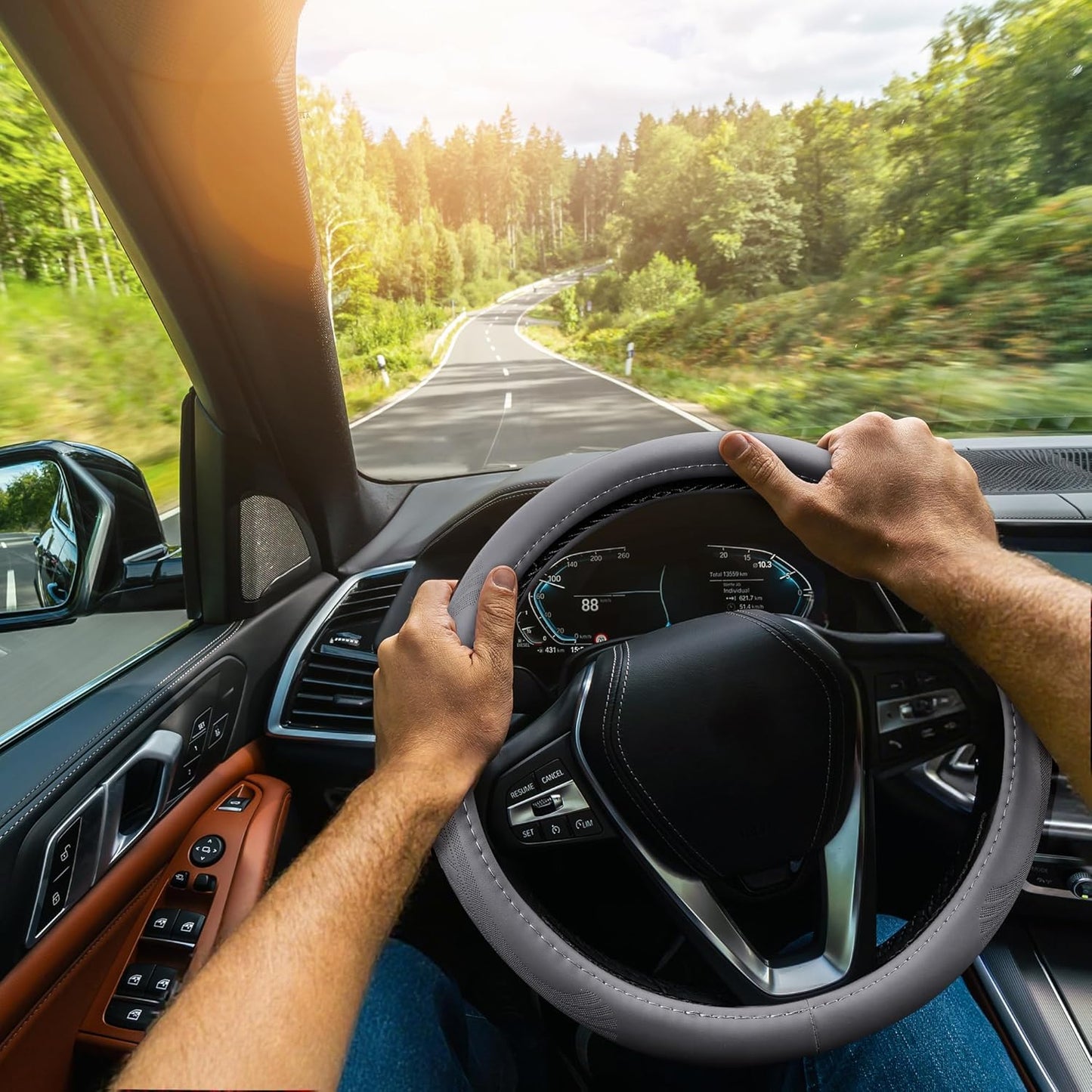 【2025 Model】 Breathable Soft Leather Car Steering Wheel Cover for Men Women, Non-Slip, Comfortable,Universal 15 inches Steering Wheels, Grey