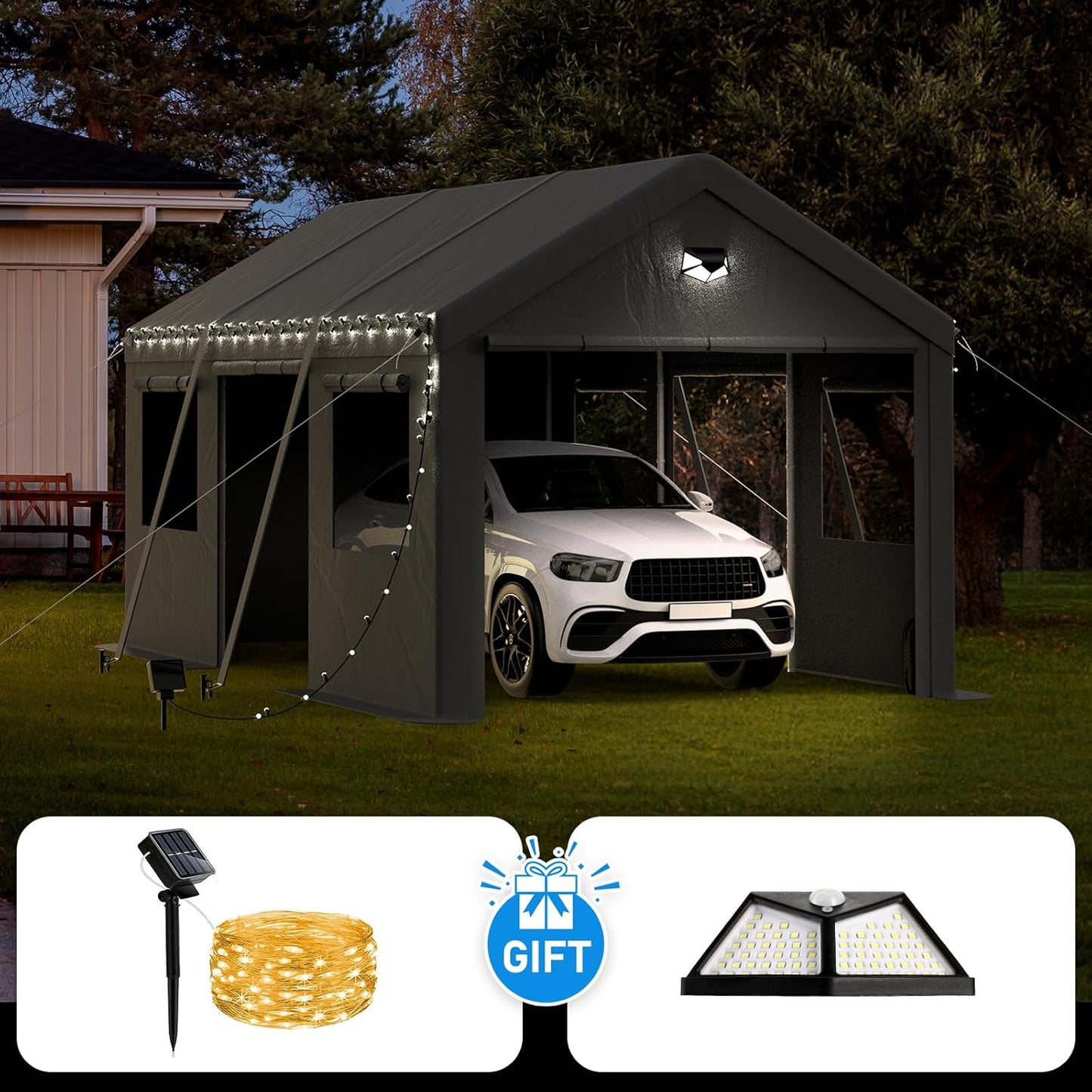 10x16 Carport, Heavy Duty Carport Canopy Garage with Removable Sidewalls and Drive Through Roll Up Zipper Doors & Side Doors, Grey