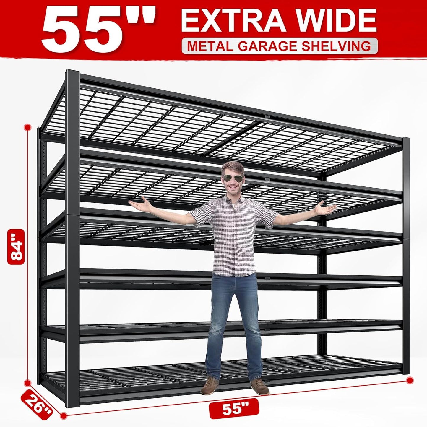 REIBII 3500LBS Garage Shelving, Adjustable Storage Shelves Heavy Duty, 6 Tier Heavy Duty Shelving, Metal Shelving Unit for Warehouse, Basement, Industrial, 55" W x 26" D x 84" H, Black, 3 Pack