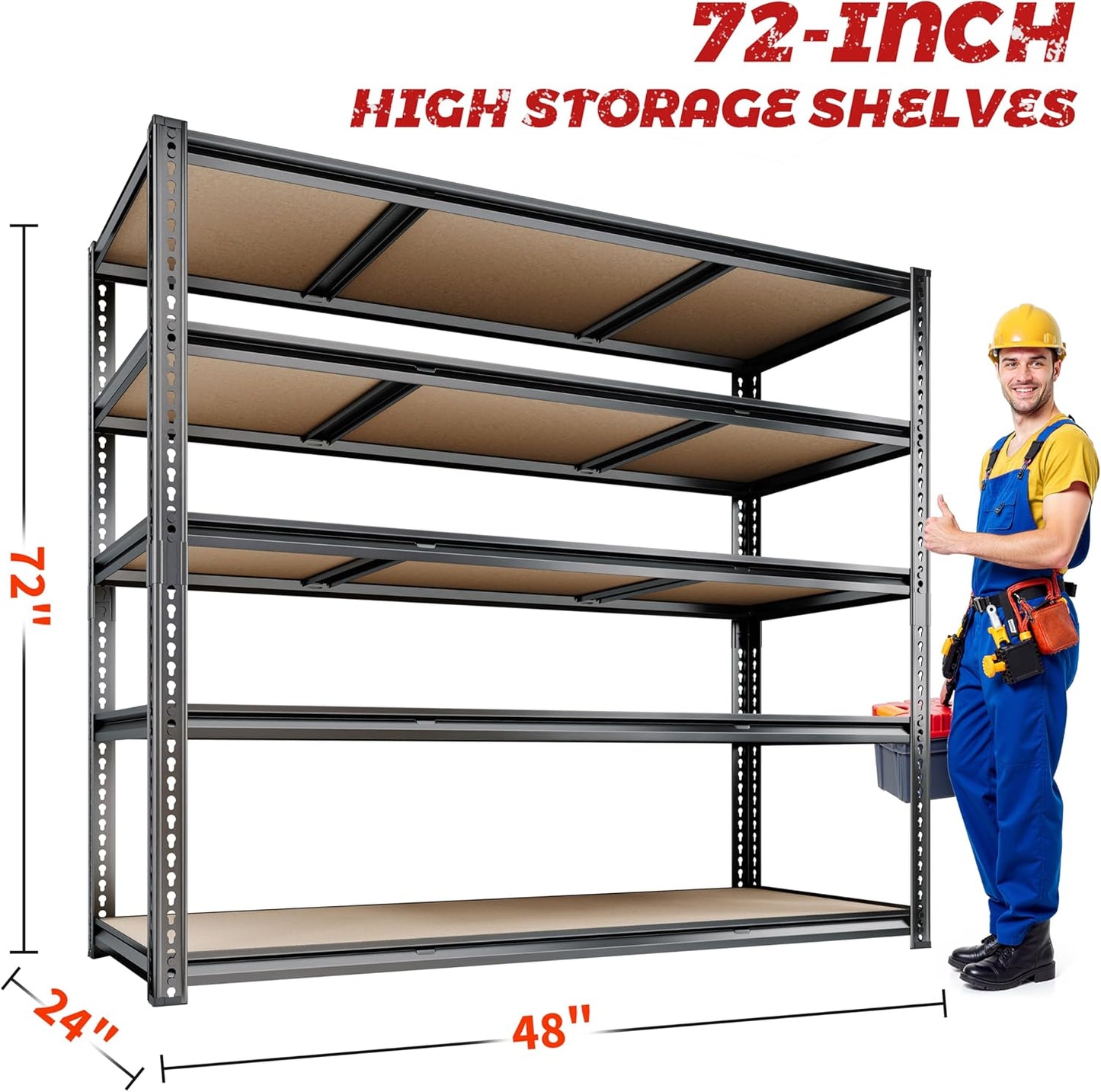 48"W Garage Shelving, 2650LBS Storage Shelves heavy duty, 5 Tier Metal Shelving Unit Adjustable Garage Shelves Heavy Duty Shelving for Warehouse,Commercial, Kitchen, 48" W × 24" D × 72" H, Black