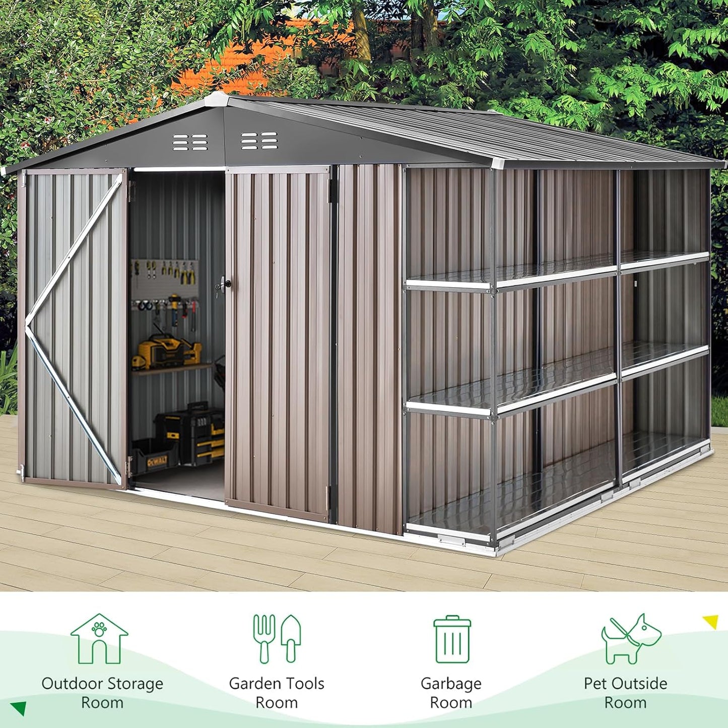 AECOJOY 10x8 Metal Storage Shed with Rack, Gray, Large Outdoor Storage Tool Utility Shed with Shelves, Weather Resistant, 263 lbs, 77.2"H x 112.8"W x 100.6"D