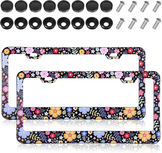 Flower License Plate Frame 2 Pcs Personalized Colorful Floral License Plate Frames with 2 Holes Screws Stainless Steel Car Plates Frame Universal Size: 12.4x6.3in Auto Parts Decoration