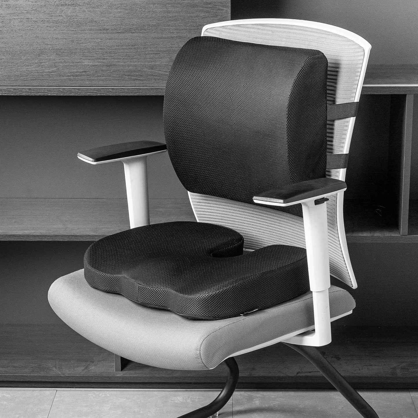 Amazon Basics Comfortable Seat Cushion & Lumbar Support for Office Chairs, Memory Foam, Black