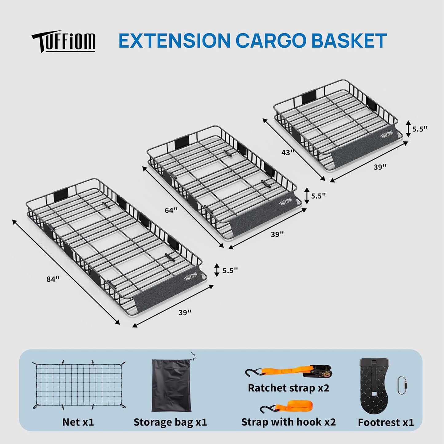 TUFFIOM 84"x 39"x 6" Universal Rooftop Cargo Carrier Basket, Extendable Steel Roof Rack Basket w/Net+Storage Bag+Pedal+Straps, Heavy Duty Car Top Rack Luggage Holder Carrier for SUV Car Truck Van