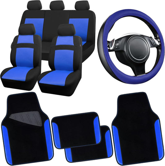 CAR PASS 3D Air Mesh Car Seat Covers Full Sets w/5mm Sponge, 4Pcs Waterproof Car Floor Mats, Steering Wheel Cover Universal Fit for SUV Sedan Truck, Airbag Compatible Automotive Interior(black & blue)