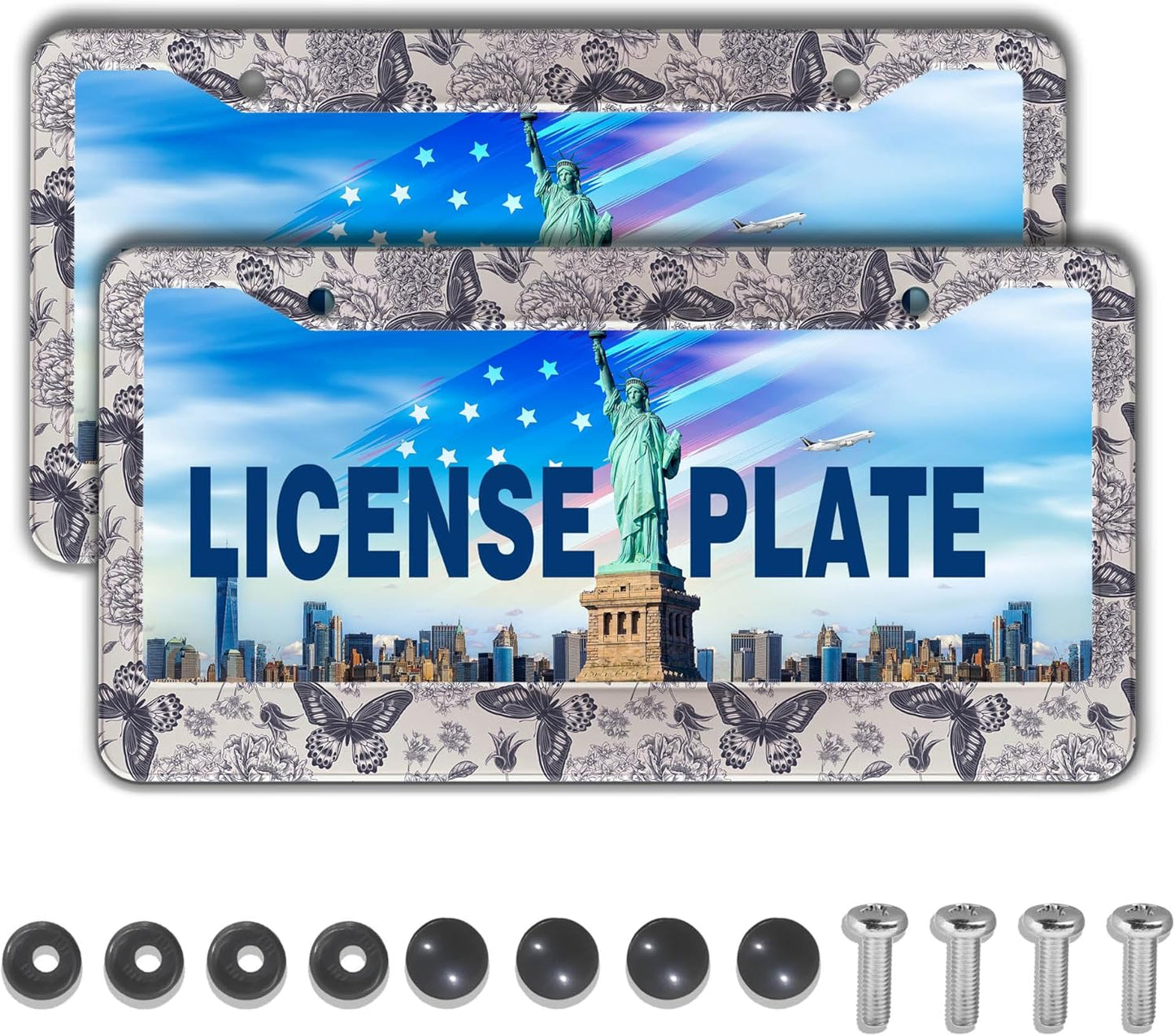 Automotive Exterior Accessories Black and White License Plate Frames Butterfly Flowers Universal Aluminum Car Accessory 2 Pack with Screw Covers Set