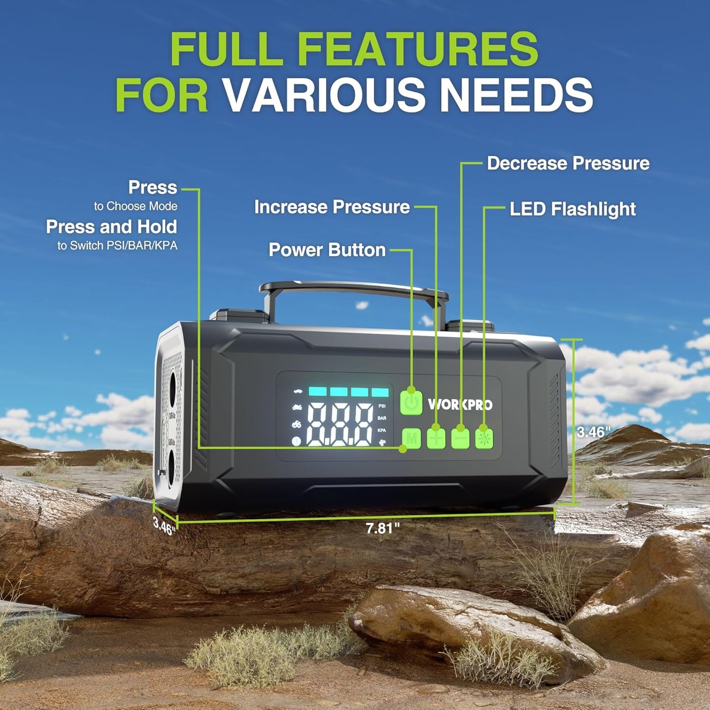 WORKPRO Tire Inflator Portable Air Compressor, 12V Electric Air Pump 150PSI for Car Tires with Pressure Gauge, 3X Faster Portable Tire Inflator for Car Motorcycle Bicycle Ball with Dual Power Supply