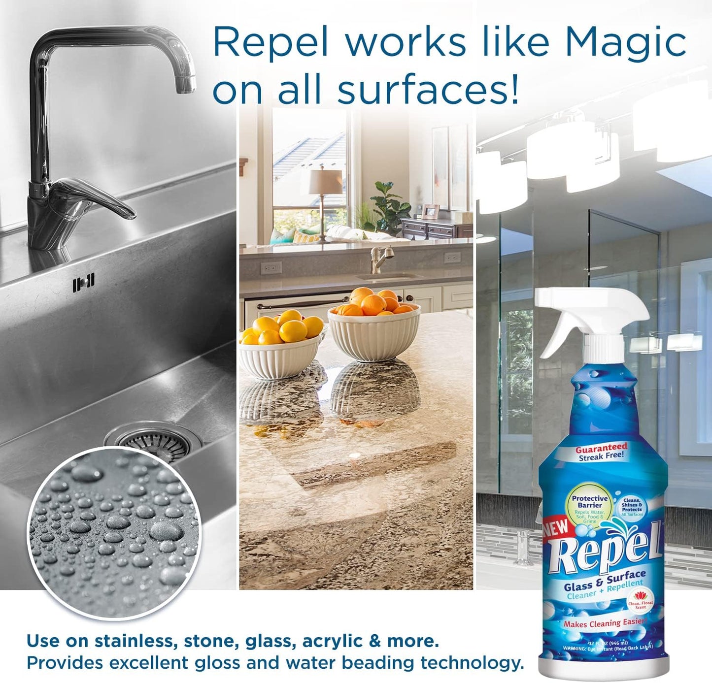 Clean-X REPEL Glass & Surface Cleaner 32 fl. oz. - Cleans & Repels water spots and dirt on glass, mirror, tile and multi surface by UNELKO (2)