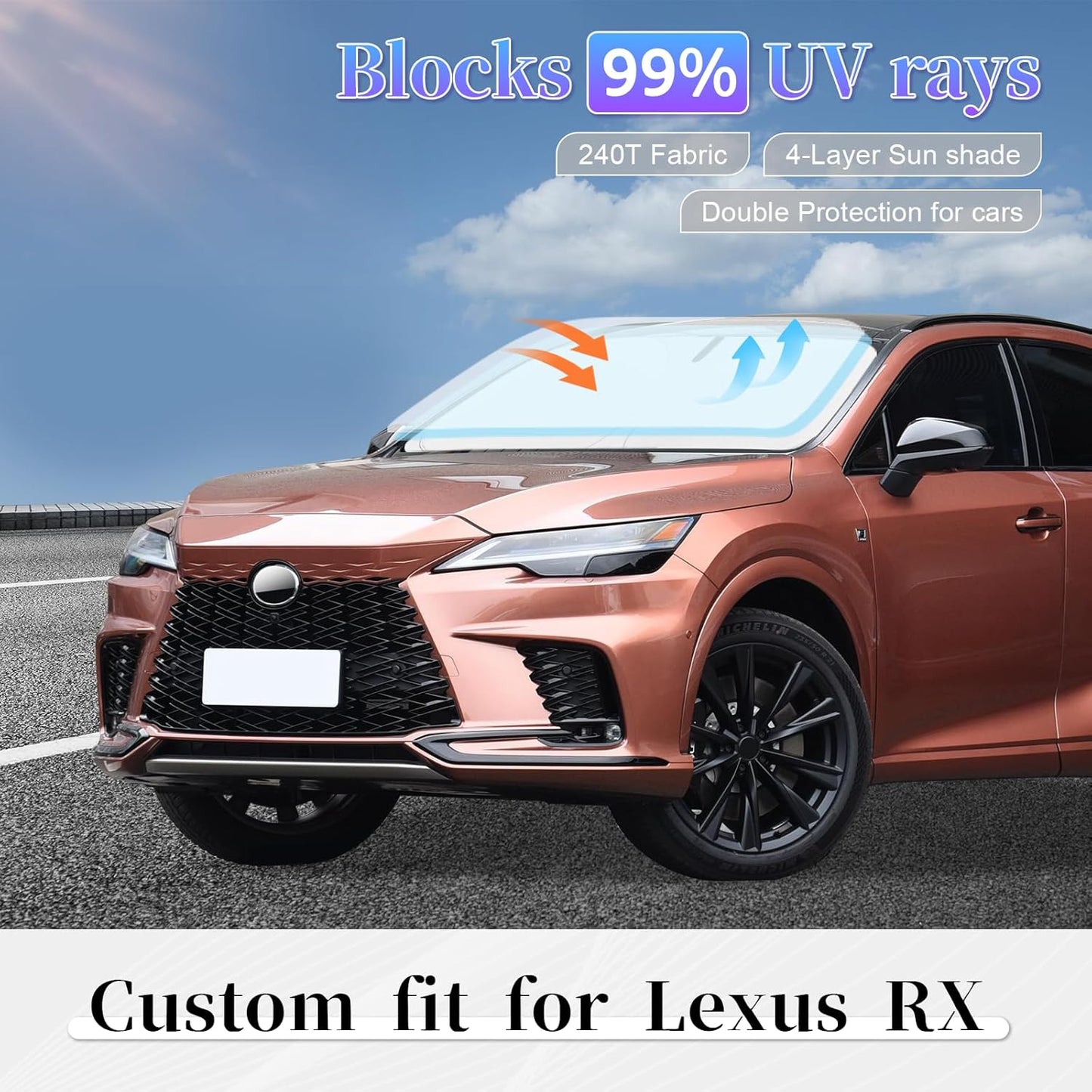 Sun Shade Sunshade for Lexus RX 2023-2025 2026 Windshield Cover, 4-Layer Front Window Shade Custom Fit RX 350, RX 350 F Sport, RX 350L Sun Visor 240T Foldable Shade Blocks UV Rays Car Accessories