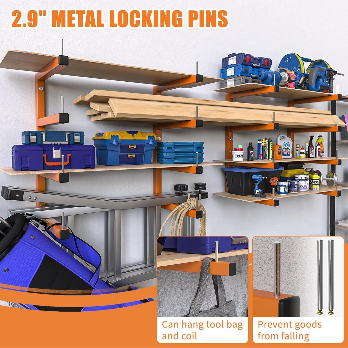 4-Pack Lumber Storage Rack, Wood Storage Racks Wall Mount, Heavy Duty Garage Wood Organizer With 8-Level System, Orange Utility Rack Organization Up 1600 Lbs, Metal Lumber Shelf for Indoor & Outdoor