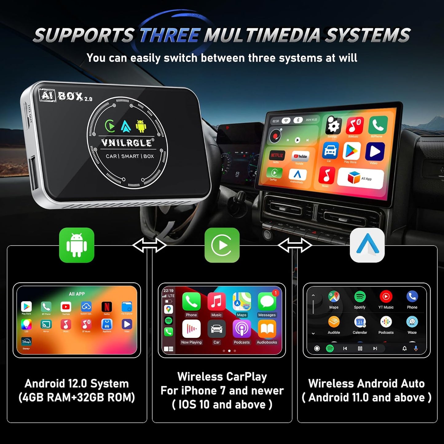 4-in-1 Wireless CarPlay Adapter & Android Auto Wireless Adapter, Stream Netflix, YouTube, and More, Split-Screen & Mirroring, for Cars with OEM Wired CarPlay/Android Auto