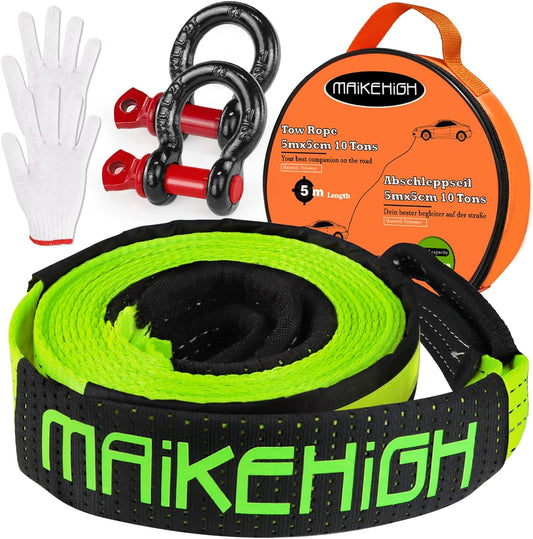 MAIKEHIGH Tow Strap Heavy Duty with Hooks, 2"×16ft (22,000Lbs) Recovery Strap with D-Ring Shackles (2pcs) + Protective Gloves (2pcs), Tow Rope for Car Truck SUV ATV (Green)