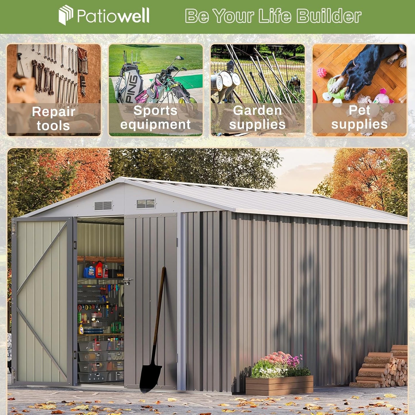 Patiowell 8x10 FT Outdoor Storage Shed, Large Garden Tool Metal Shed with Sloping Roof and Double Lockable Door, Outdoor Sheds for Backyard Garden Patio Lawn,Grey
