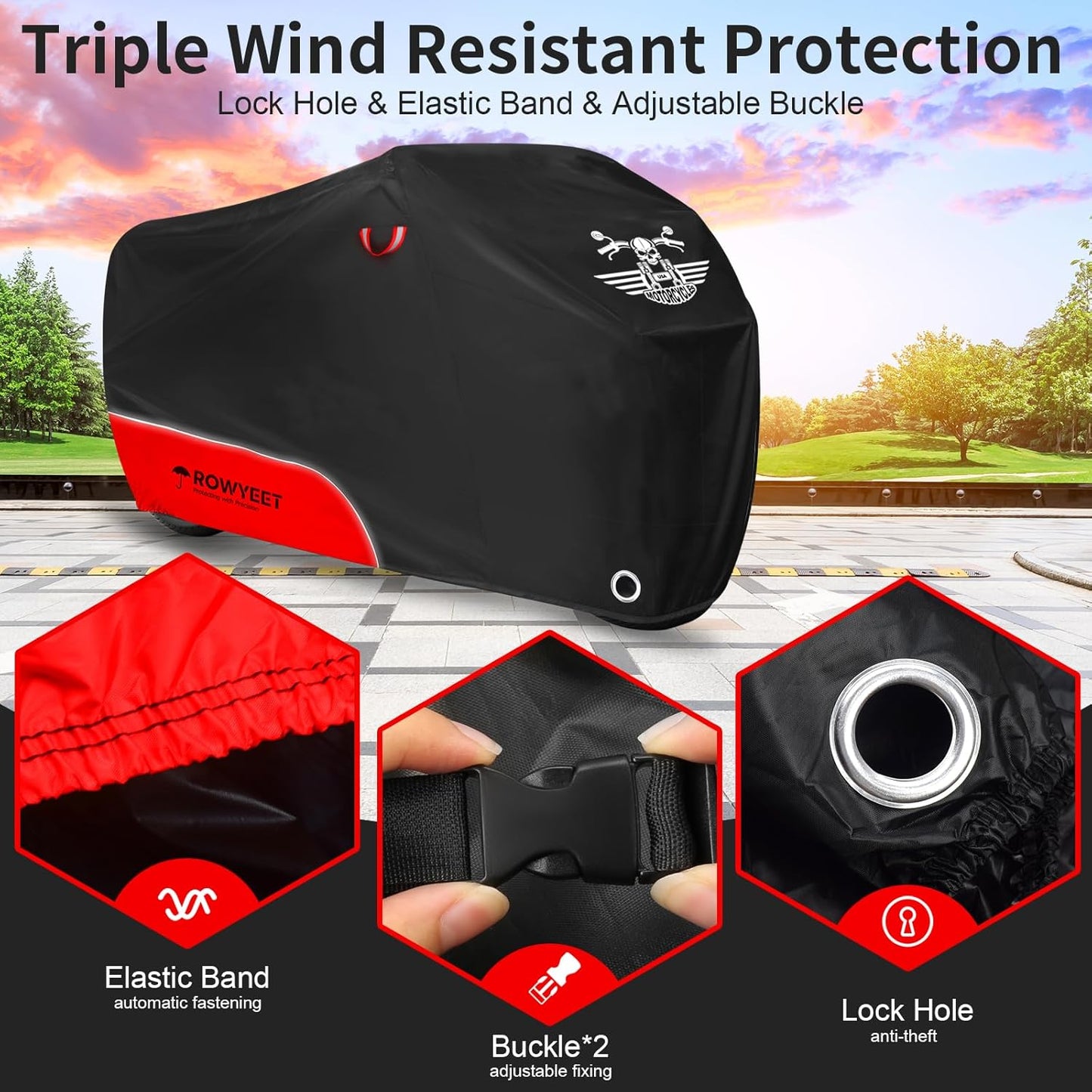 Motorcycle Cover Waterproof Outdoor Storage with Lock-Holes, Storage Bag & Night Reflective Design, Heavy Duty Protection Powersports Vehicle Covers Fits up to 96.5"-116" (420D Red, 116")