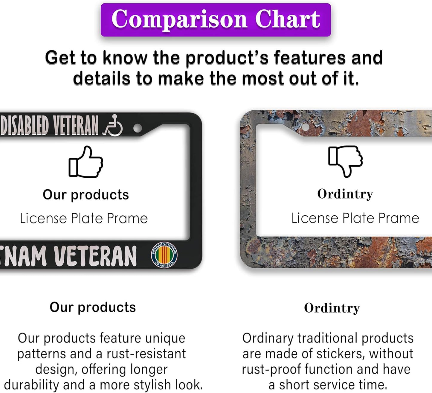 License Plate Frames Black and White License Plate Covers Disabled Vietnam Veteran Universal Aluminum Car Accessory 2 Pack with Screw Covers Set