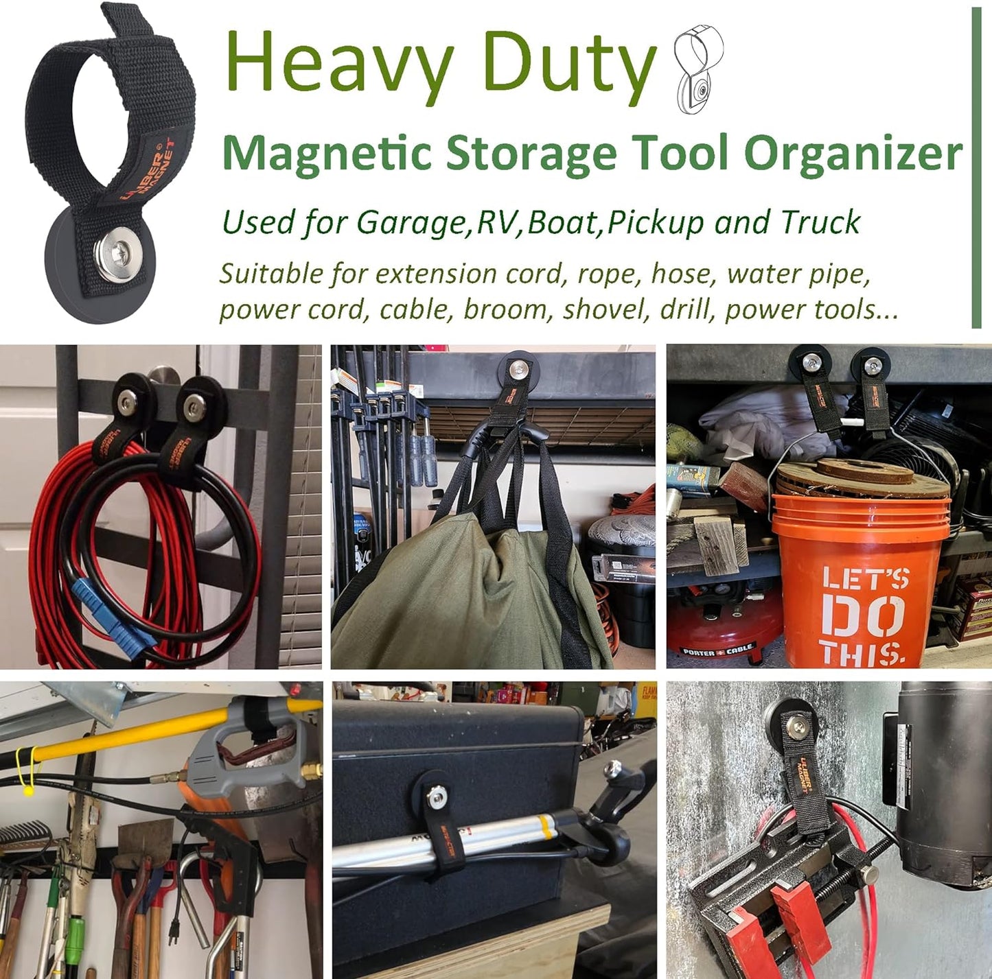 ULIBERMAGNET Strong Magnetic Storage Straps,Heavy Duty Magnetic Garage Storage Tool Organizer,Extension Cord Straps, Hose, Cable, Rope,Tools for Garage,Pick-up,RV and Workshop(2 Pack)