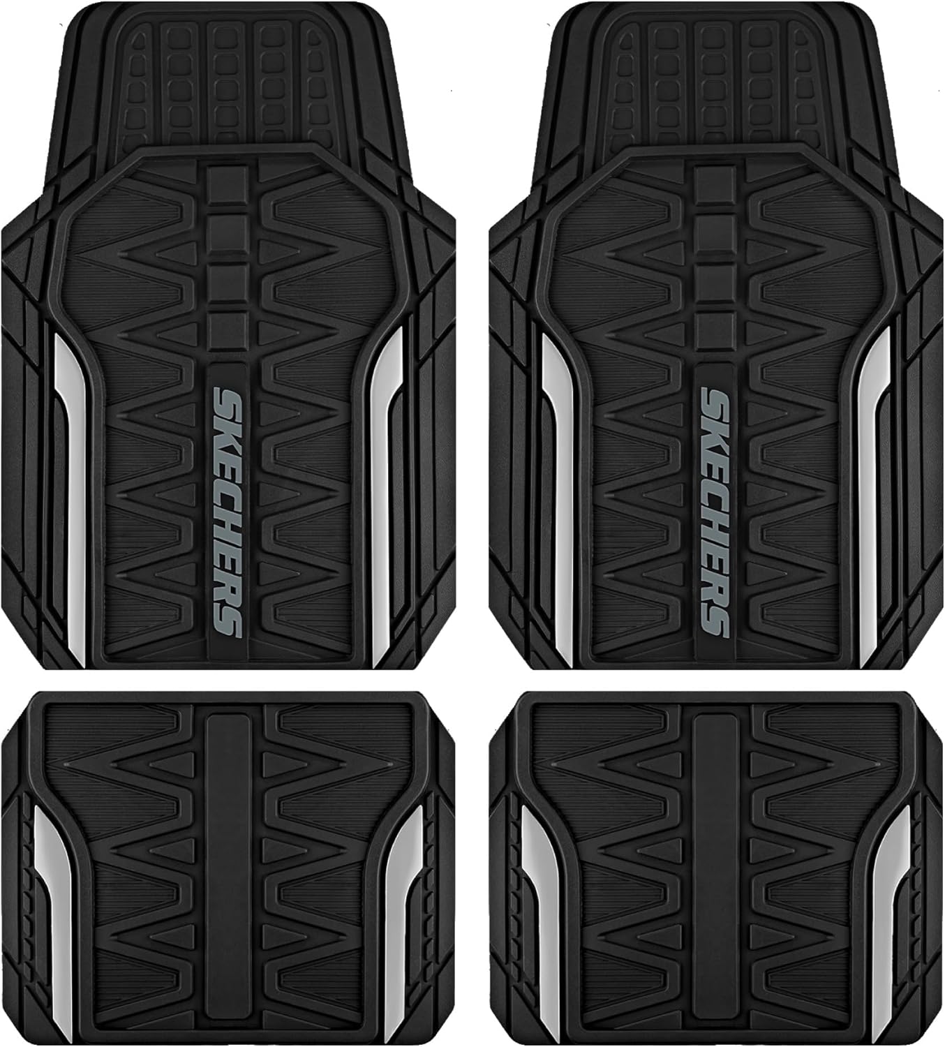 Skechers Heavy Duty Rubber Car Mats Full Set, All Weather Floor Mats, Waterproof Trim to Fit Universal Floor Liner, Automotive Floor Mats for Cars Trucks SUV, Sliver
