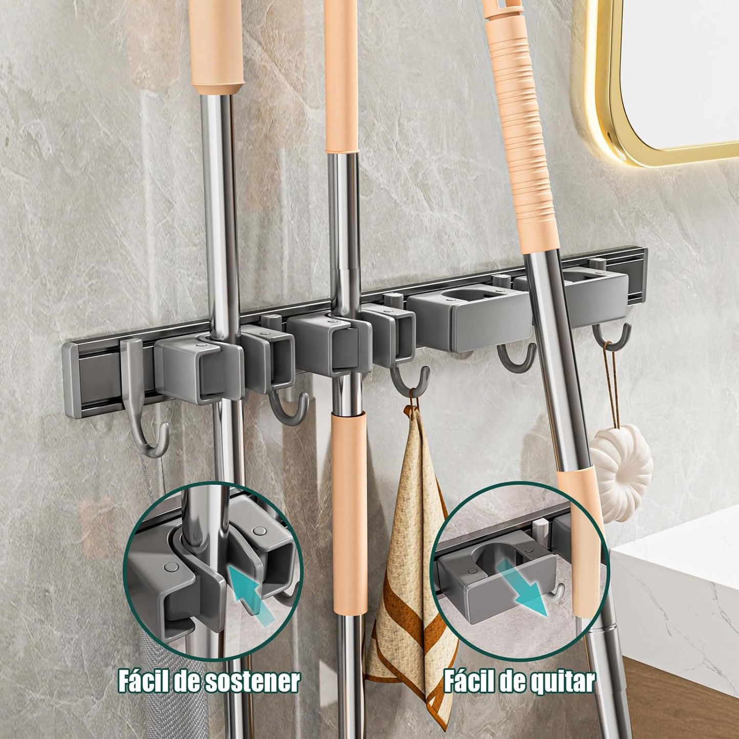 Broom Holder Wall Mount Movable Hooks and Clips Mop and Broom Hanger Wall Mounted Aluminum Garage Tool Organizer Storage adhesive (30cm, Grey)