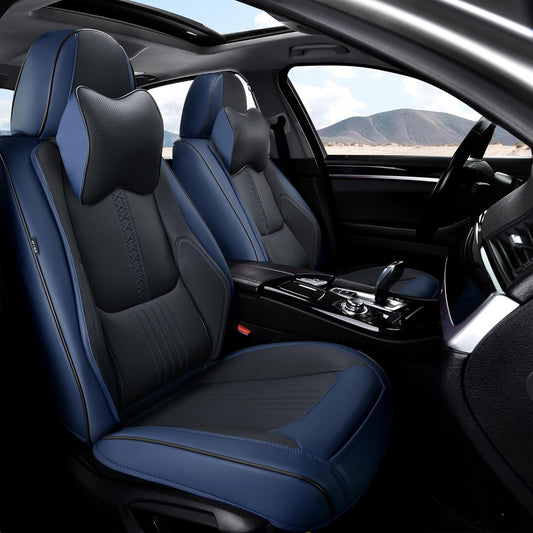 Front Seat Covers, 2 Pieces Universal Seat Covers for Cars, Waterproof Leather Auto Seat Protectors with Head Pillow, Car Seat Cushions Fit for Most Sedans SUV Pick-up Truck, Black&Navy