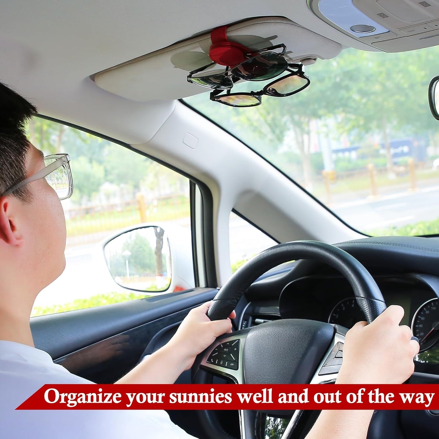 KIWEN Sunglasses Holder for Car Visor, Magnetic Leather Sunglass Eyeglass Hanger Clip for Car Sun Visor Accessories (1, Red)